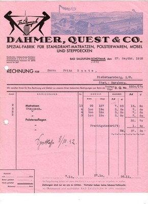 A.) K2 Alte Rechnung Dahmer, Quest & Co. Matratzen Bad-Salzuflen-Schötmar 1932