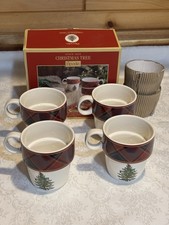 Spode Set Of 4 Christmas Tree Tartan Stackable Mugs Coffee Tea Cocoa 10 Oz NIB