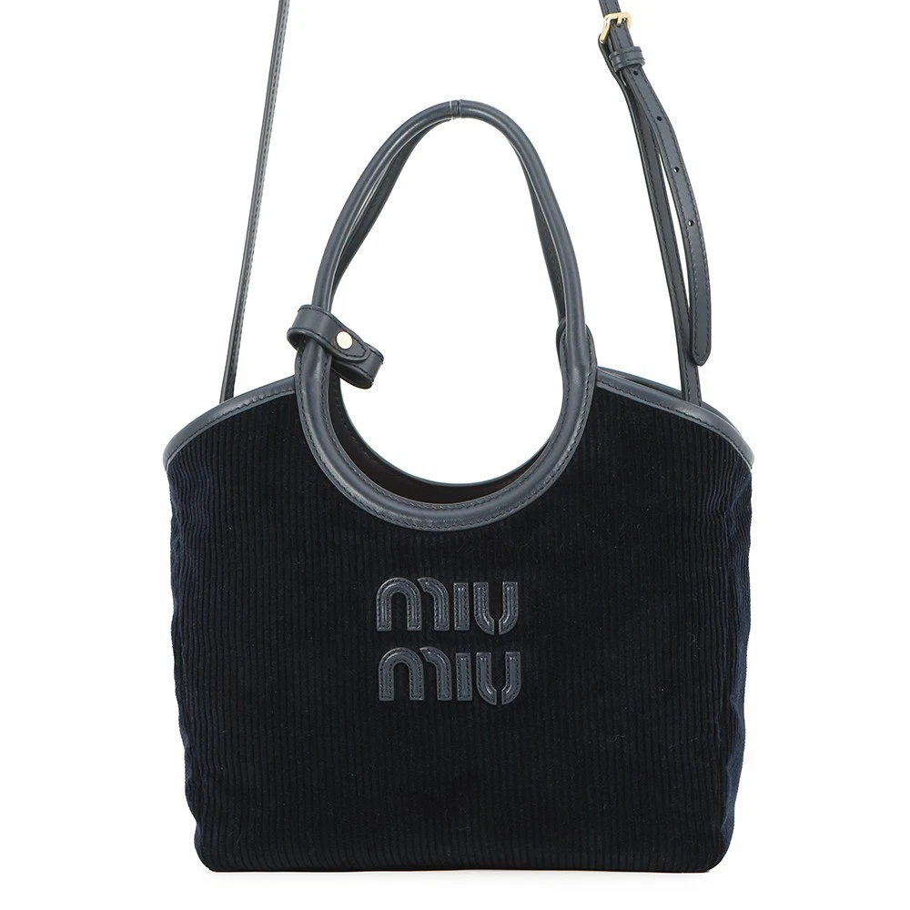 Miu Miu — MIUMIU Ivy Corduroy Handbag Size Small Corduroy/Leather Navy 5BA284_2F81_F01...