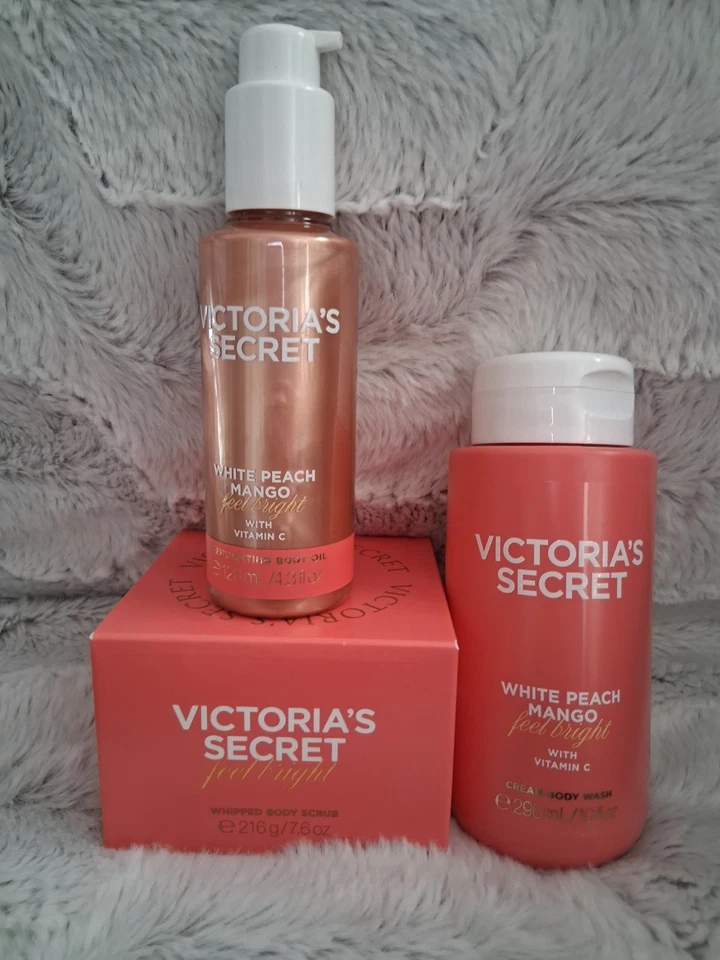 Novo em folha Victoria Secret White Peach Mango Feel Bright Body Care conjunto de 3 - Imagem 4 de 4