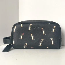 Coach Small Travel Kit CCP95 Black Leather Canvas Penguin Print Dopp Toiletry Ba