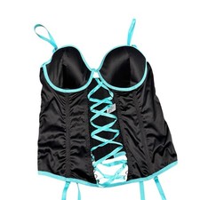 Y2K Corset Lingerie 36C/L Black Teal Ribbon Garter Punk Whimsigoth Dark Romantic