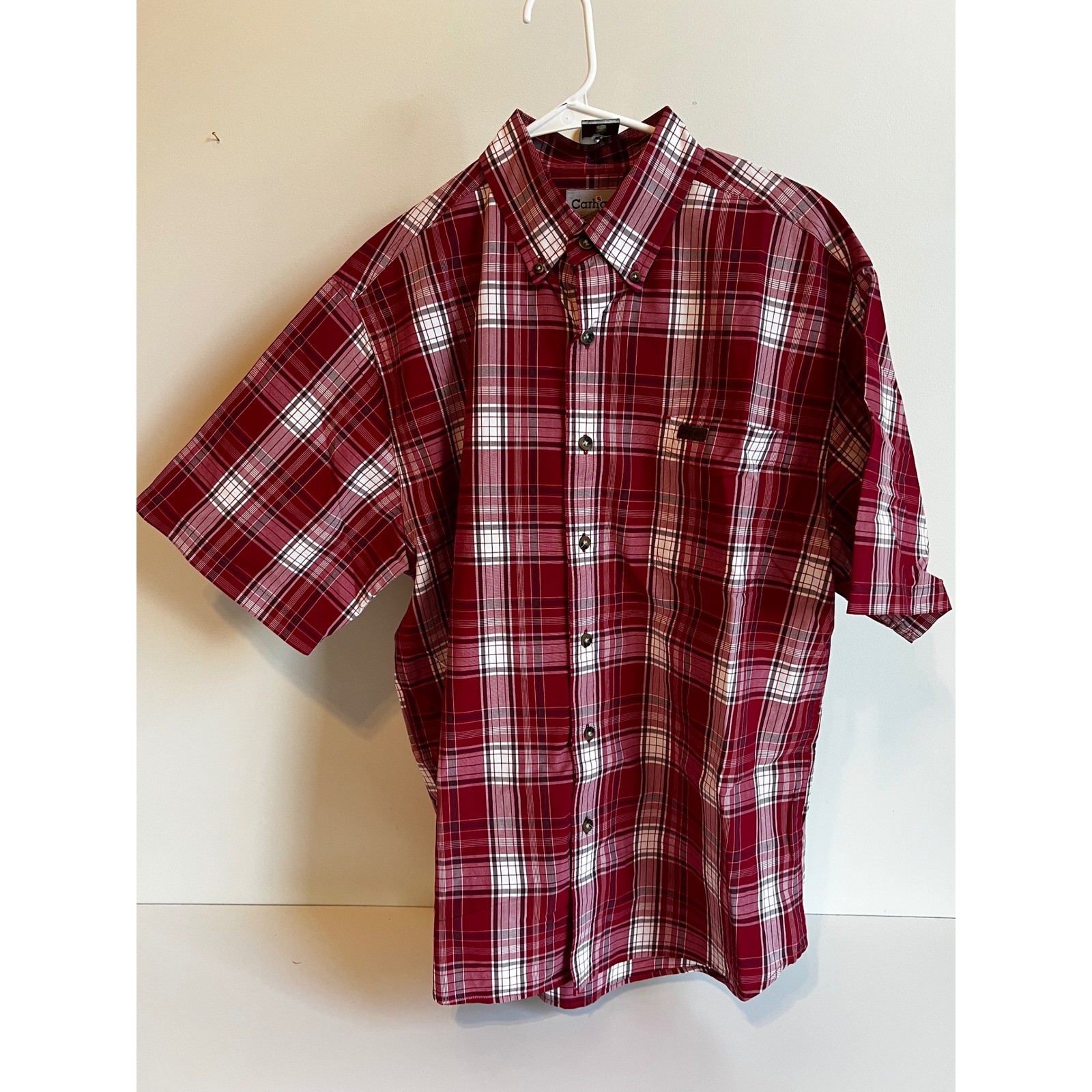 Carhartt Mens Red Plaid Button Down Short Sleeve Shirt Casual Workwear