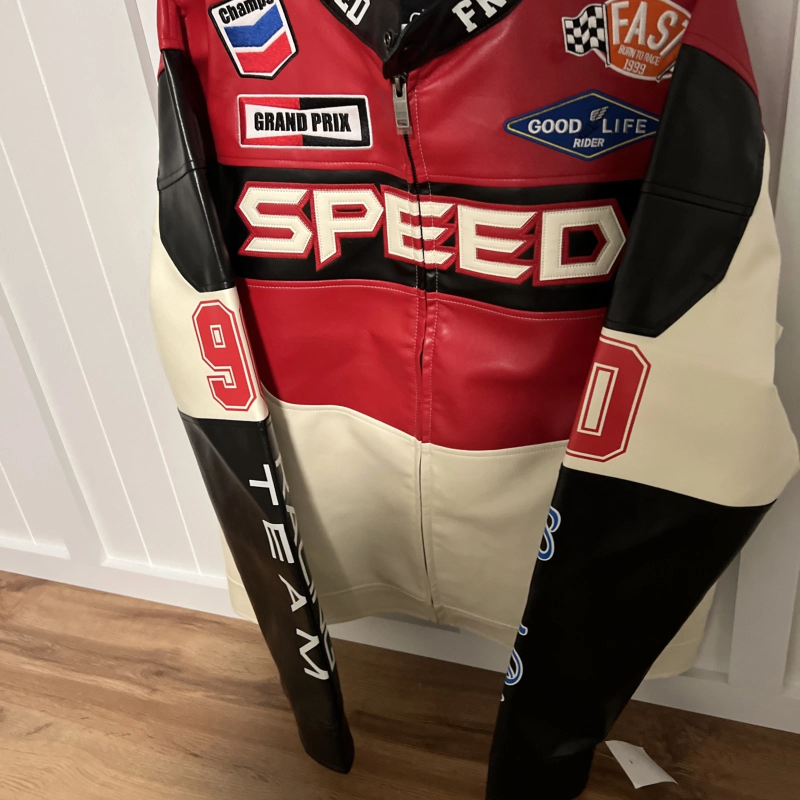 Team Speed Freak PU Men's Copper Rivet 90 Red Racing Jacket Sz Large NWT Zipper image 6