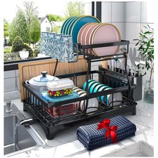 Space-Saving 2-Tier Metal Dish Rack with Auto-Drain for Efficient Kitchen Drying
