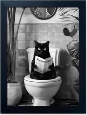Black Cat Bathroom Wall Art Black and White Cat on Toilet Picture Wall Decor Fun