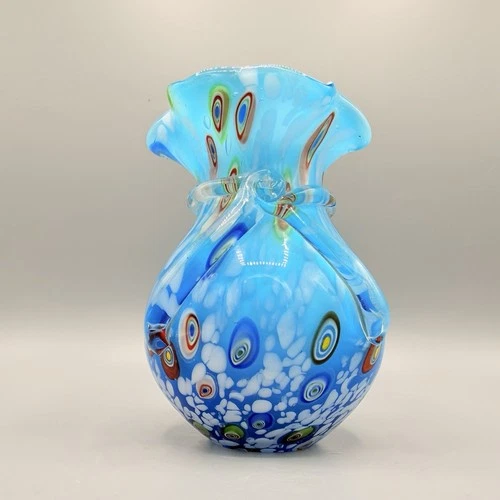 Vintage Murano Art Glass Sky Blue Millefiori Hand Blown Glass Applied Bow Vase