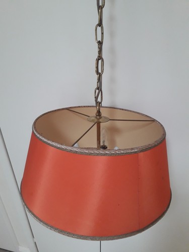 Vintage Bouilotte Style Brass Pendant Ceiling Light With 3 Arms And Red Shade - Picture 4 of 10