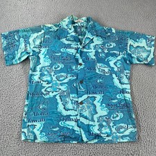 Vintage 70s Island Fashions Hawaiian Shirt Button Loop Collar Men's Blue Fit M
