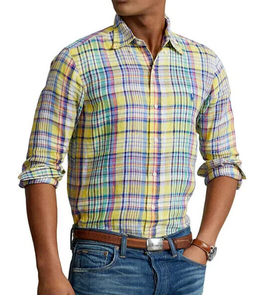 RALPH LAUREN -POLO MATCH Pony Logo 100% LINO BUT DWN Plaid Shirt-@ $148-XL#🔥BUY