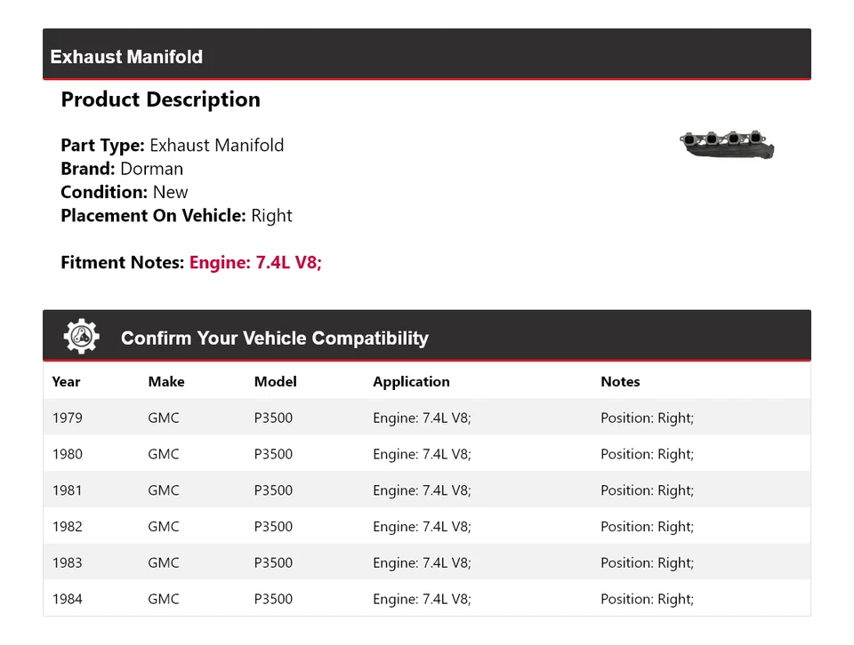 For 1979-1984 GMC P3500 7.4L V8 Dorman Exhaust Manifold Right 1980 1981 1982 - Image 2 of 4
