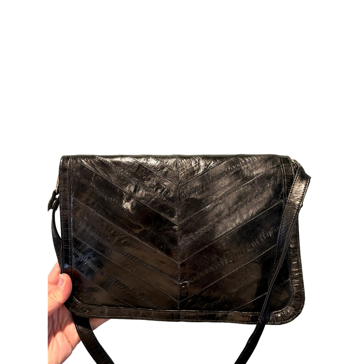 Elegant Black Genuine Eel Skin Women\'s Bag with Gold Hardware Borim Vintage Black Genuine Eel Skin Shoulder Bag | Adjustable  main image 4