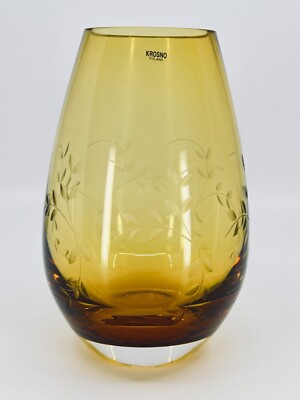 Krosno Amber Vase made in Poland Heavy Base Etched Floral Design 8.5''H