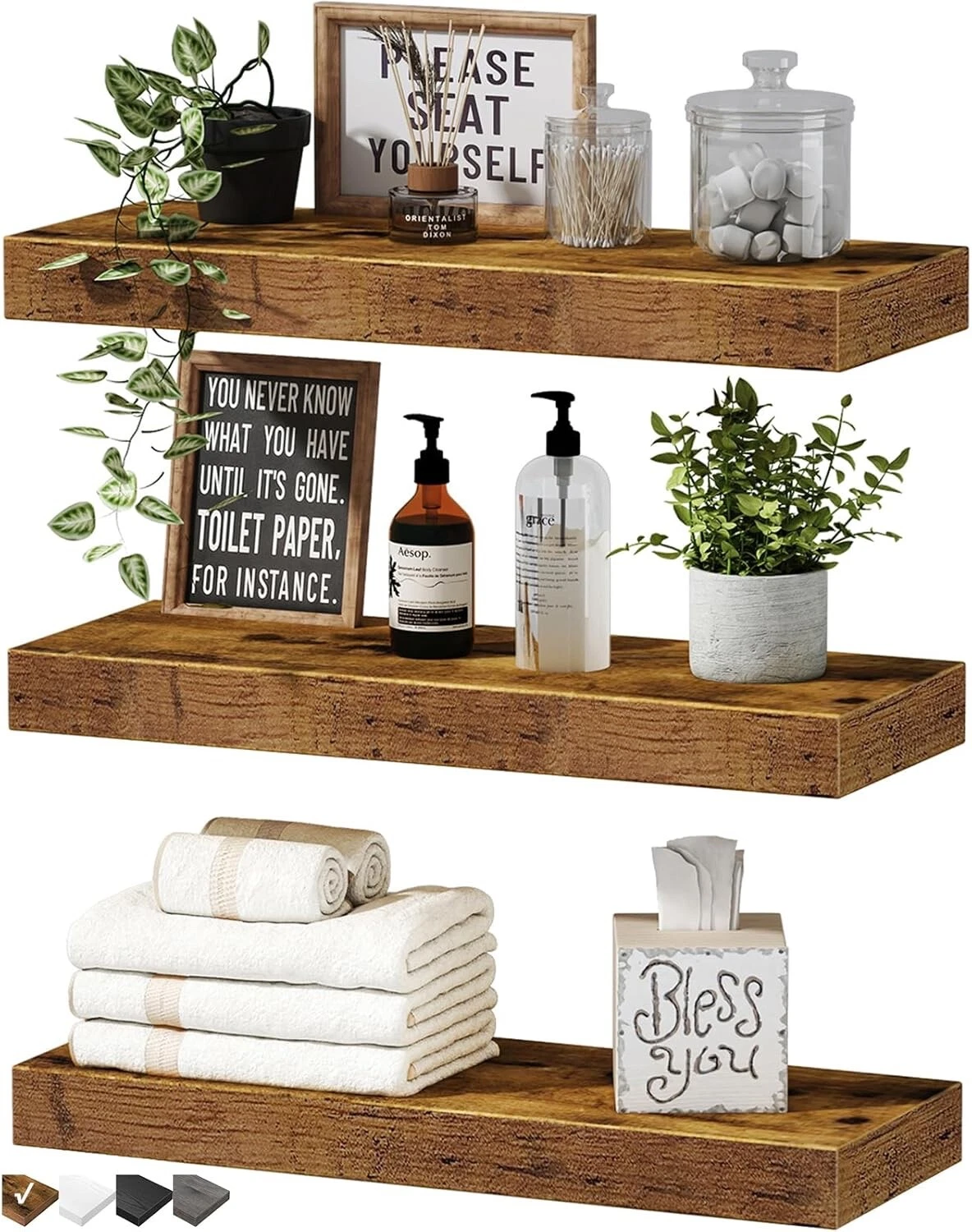 Floating Wall Shelves Set of 3, 16" Rustic Wood for Bath, Kitchen, Bedroom
Opens in a new window or