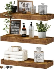 Floating Wall Shelves Set of 3, 16" Rustic Wood for Bath, Kitchen, Bedroom