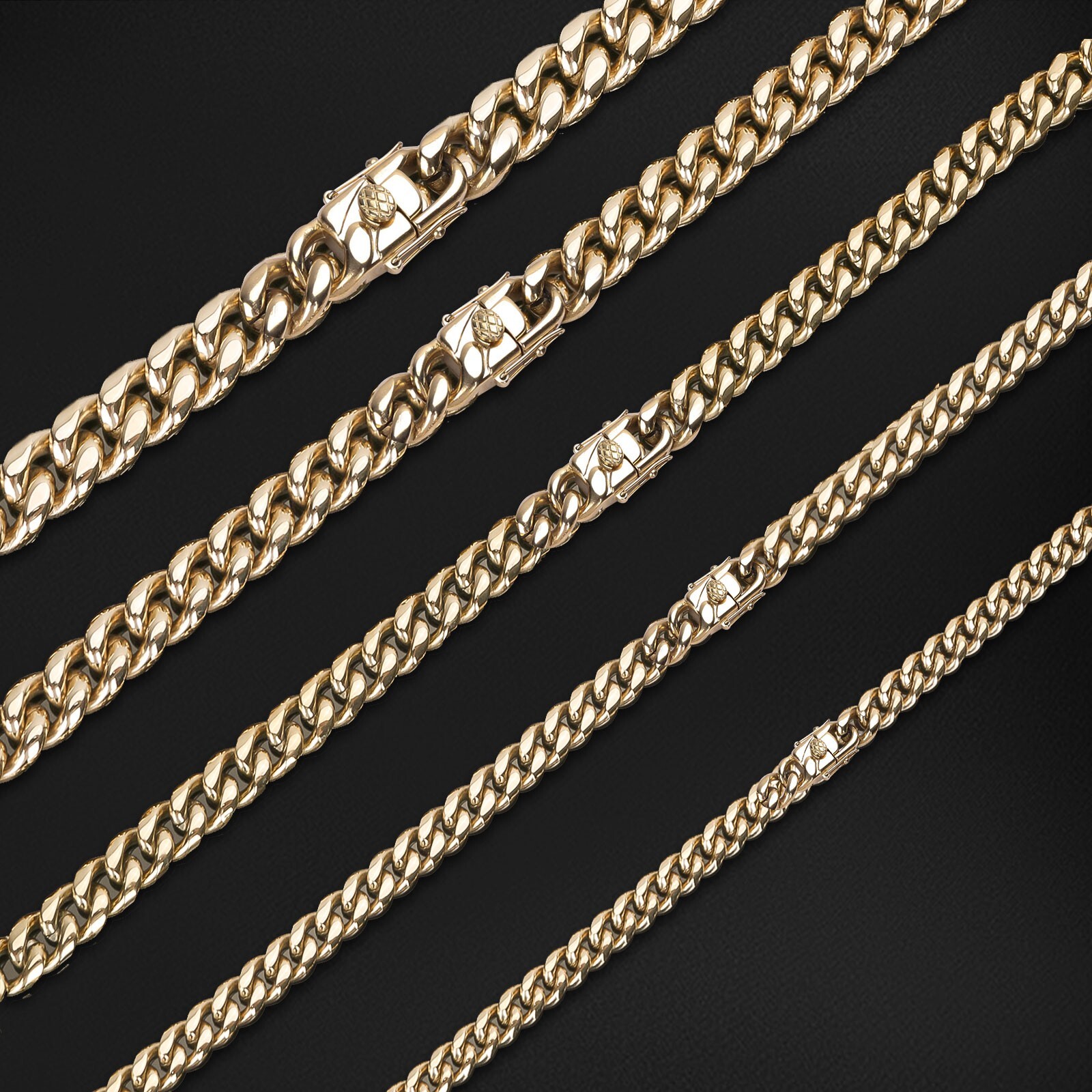 14k Gold Plated Stainless Steel Miami Cuban Link Bracelet Chain Combo Set 4-8mm