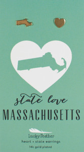 Authentic Massachusetts - Lucky Feather Heart + State Earrings 14k Gold Plated State Love