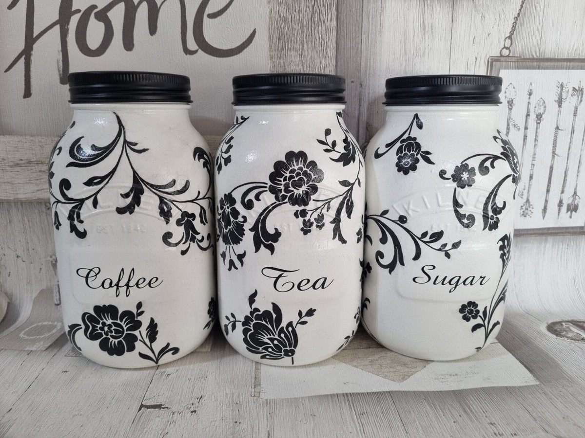 Black Floral, Kitchen Storage Jars, Tea Coffee Sugar Glass Canisters