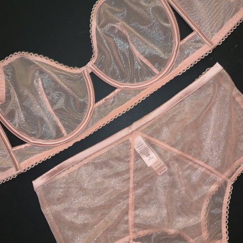 Victoria's Secret unlined longline 36D BRA SET M,L high-waist thong PINK shimmer - Picture 3 of 5