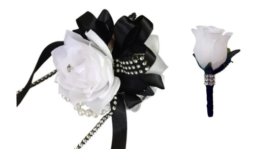 2pc Set - Wrist Corsage and Boutonniere: White with Black Ribbon (BCset-07) - 第 1/1 張圖片