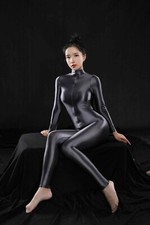S-XL Damen Body Overall Glänzend Catsuit Zipper Jumpsuit Satin Langarm Bodysuit
