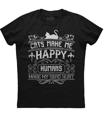 Cats Make Me Happy Cute Cat Printed Mens Short Sleeve New Cotton Black T-shirt