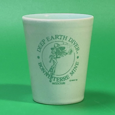 Bonne Terre Mine Deep Earth Diver Shot Glass Missouri Souvenir White Mint Green