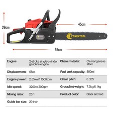 2550W 58cc Petrol Chainsaw 2-Stroke 20in Bar 11500RPM Wood Cutter Saw Heavy Duty