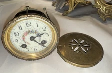 Antique French Art Nouveau Clock Movement With Floral Porcelain Dial & Back Door