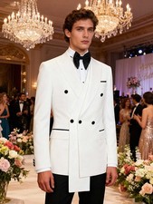 White Men's Suits Satin Streamer Jacket Peak Lapel Formal Wedding Groom Party