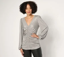 Dennis Basso Knit Lame Top with Ruching & Blouson Sleeves Opal L New