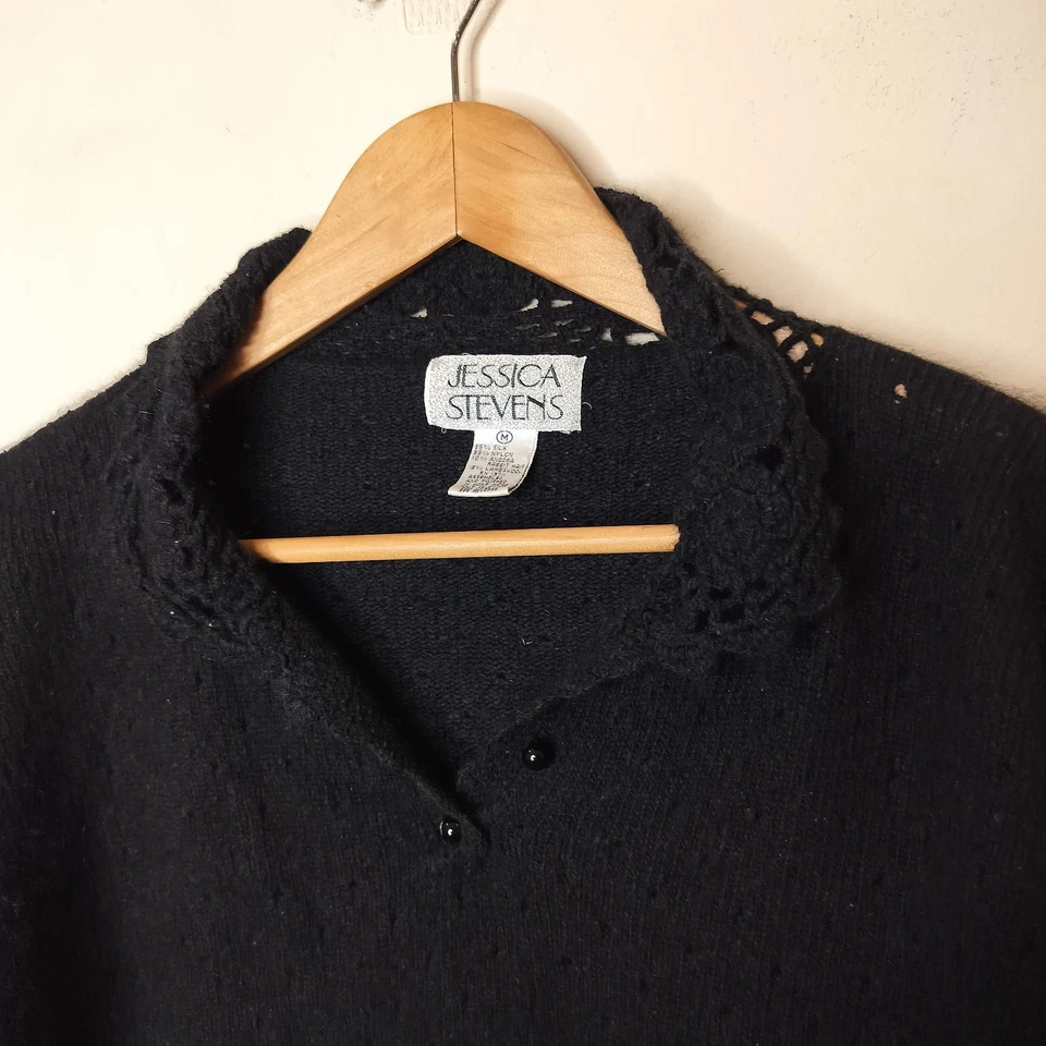 复古 Jessica Stevens 真丝安哥拉毛衣中号钩针装饰黑色柔软 — 第 3/4 张图片