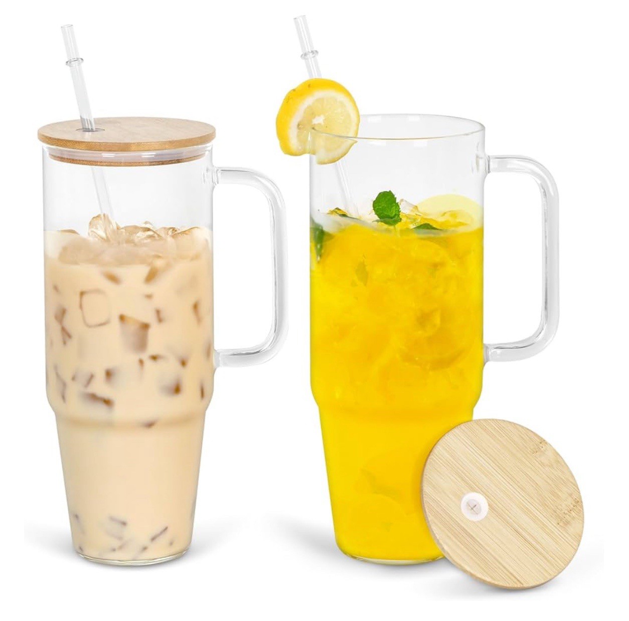  Pack of 2 Glass Cups with Lids and Straws - 40 Oz Tumbler w
