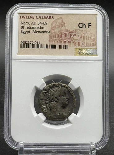 Nero AD 54-68 BI Tetradrachm NGC Choice Fine EGYPT Alexandria TWELVE CESAR LABEL
