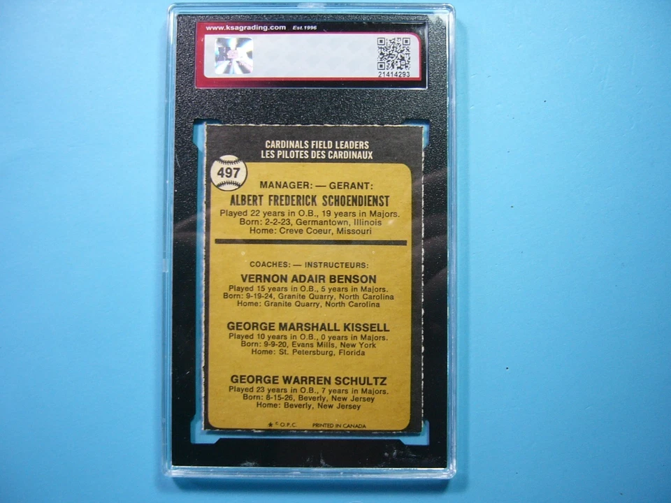 Tarjeta de béisbol 1973 O-PEE-CHEE MLB #497 Red Schoendienst KSA 7 ¡¡Nueva nítida!! '73 OPC Foto 2 de 4