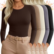 5 Pack Women's Thermal Long Sleeve Shirts Cotton Ribbed Knit Crewneck Tops Wa...