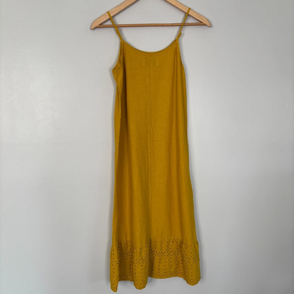 Maxi Vestido Antiguo Azul Marino Niñas XL 14 Dorado Amarillo Mezcla de Algodón Ojales Dobladillo Sin Mangas Foto 4 de 4