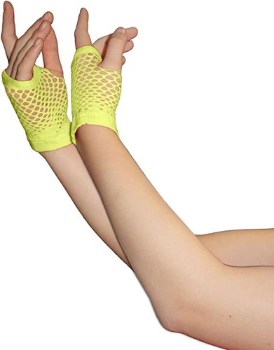 Girls Short Fishnet Fingerless Gloves 1980s Neon Disco Colours Fancy Dress Party - Picture 16 of 25