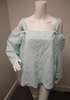 Crown & Ivy Striped Cold Shoulder Top Size XL Aqua White Cottagecore Preppy