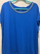 Chico's Women's Size 4 Blue Embellished Neckline Cap Sleeves Elastic Hem Top