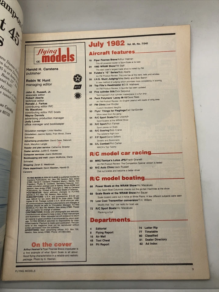 Flying Models Magazine July 1982 R/C Planes Boats Cars Piper Pawnee Brave Foto 2 de 4