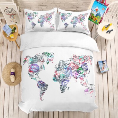 3D World Map Postmark Colorful Quilt Cover Set Bedding Sets Pillowcases 64