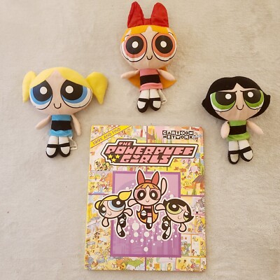 Power Puff Girls 6'' Plush Dolls Cartoon Network 2000 VTG + Look & Find HC Book 
