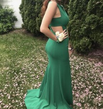 WORN ONCE 400 RETAIL Green Sherri Hill Dress High neck With Cutouts Long Train