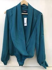 Bebe Plunge Front Teal Deep Lagoon Long Sleeve Wrap Bodysuit Women s XS NWT
