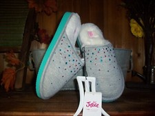 JUSTICE GIRLS BEADED STAR GRAY SLIPPERS SHOES SIZE 2-3 RUBBER SOLE FUR LINED NEW