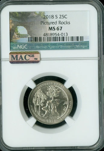 2018 S PICTURED ROCKS QUARTER NGC MS67 PQ MAC FINEST GRADE SPOTLESS  .