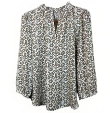 LOFT Outlet Women's Blouse Medium Beige Abstract Green Print Casual Spring Top