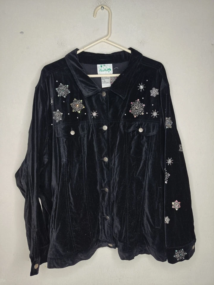 Vtg Quacker Factory Black Velvet Embroidered Snowman Snowflake Shirt Jacket 3X - Image 2 of 4