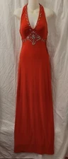Morgan & Co Orange Beaded Formal Evening Halter Dress Size 11/12 Padded Stretch
